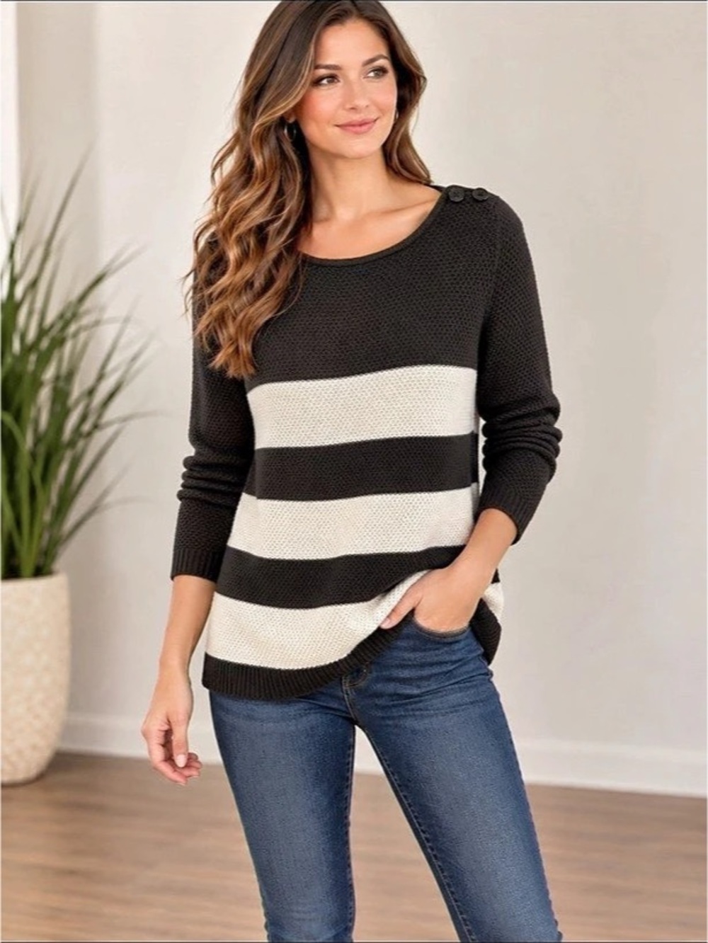Ann Taylor LOFT black and white striped boatneck tunic sweater